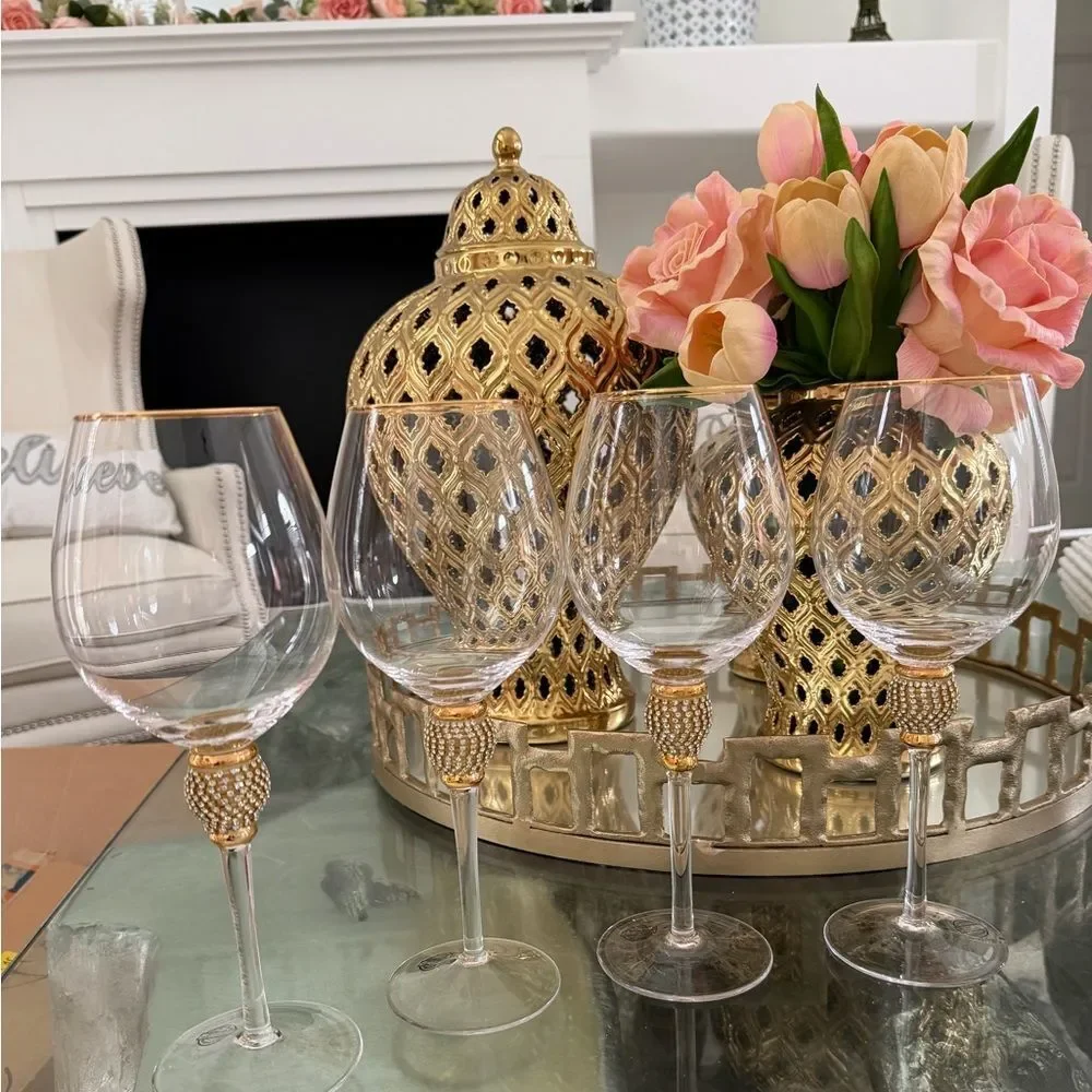 Set Of 4  Z Gallerie Crystal Wine Glass with Gold Detailing
